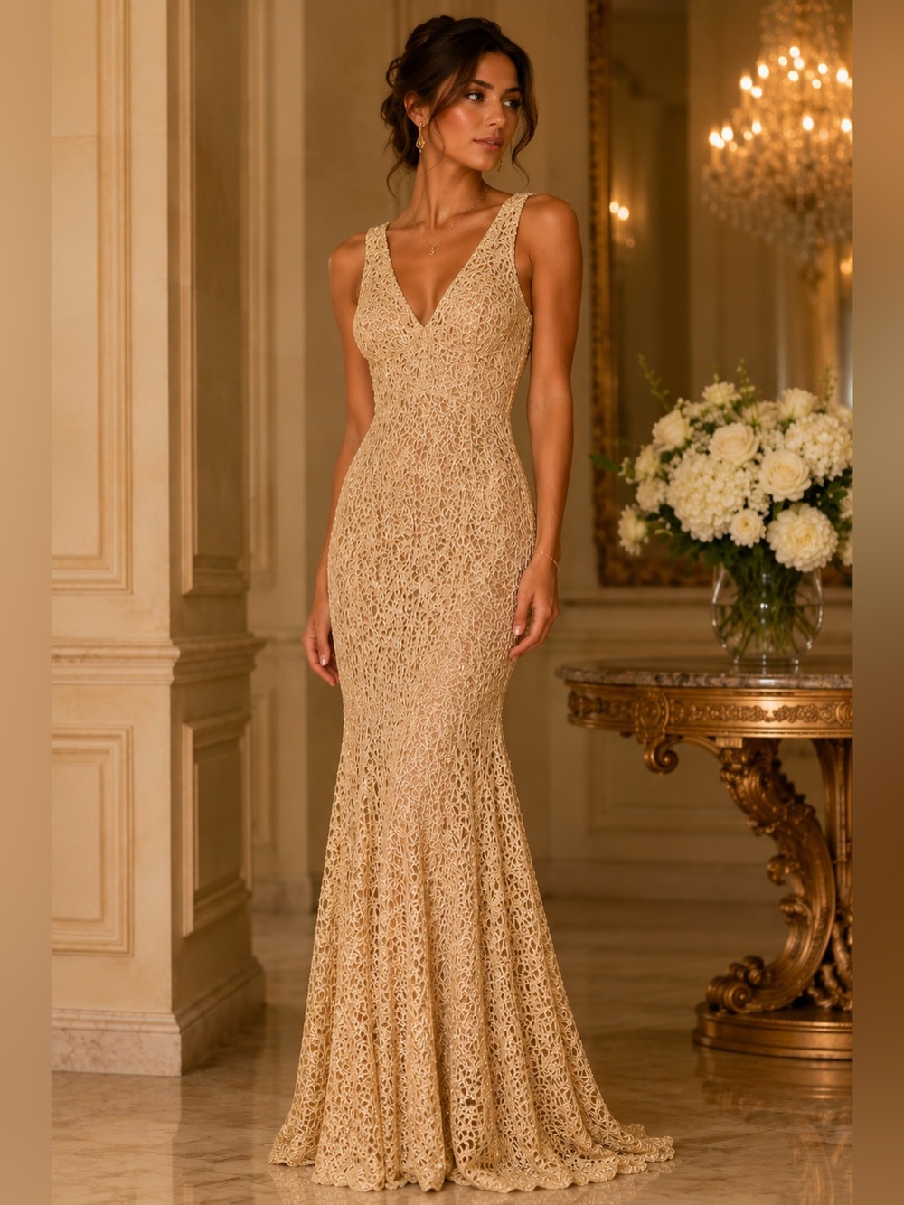 David Meister Glamorous Gold Lace Maxi Evening Gown Formal Dress